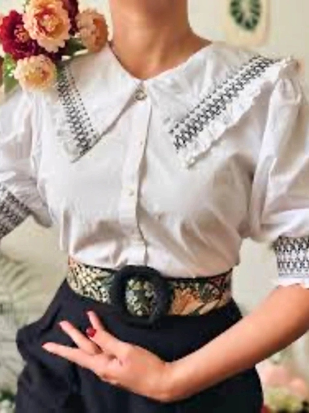 Zara Embroidered Poplin Blouse White Statement Collar